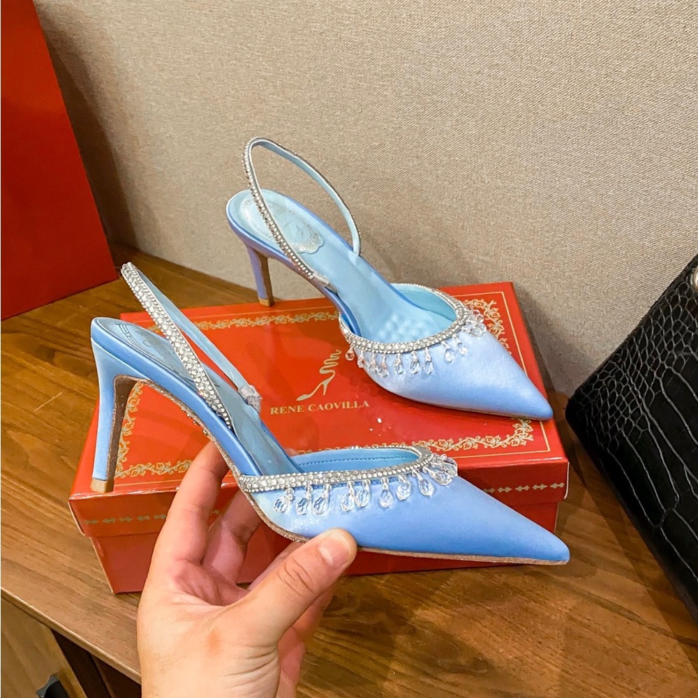 Light Blue Satin Pointed Slingback Heels with Crystal Teardrop Trim - Picture 5 of 8